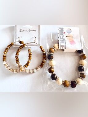 Wood Beads Hoop Earrings and Bracelet Set • NIP • Gold-Tone Rhinestones Boho NEW